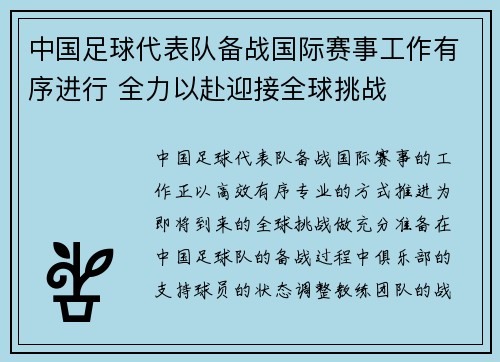 中国足球代表队备战国际赛事工作有序进行 全力以赴迎接全球挑战